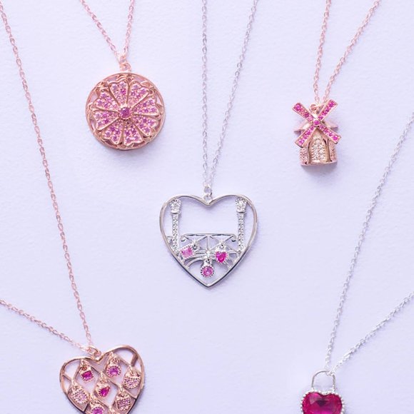 Silver Heart Pendant Necklace with Pink Stones - Picture 9 of 9